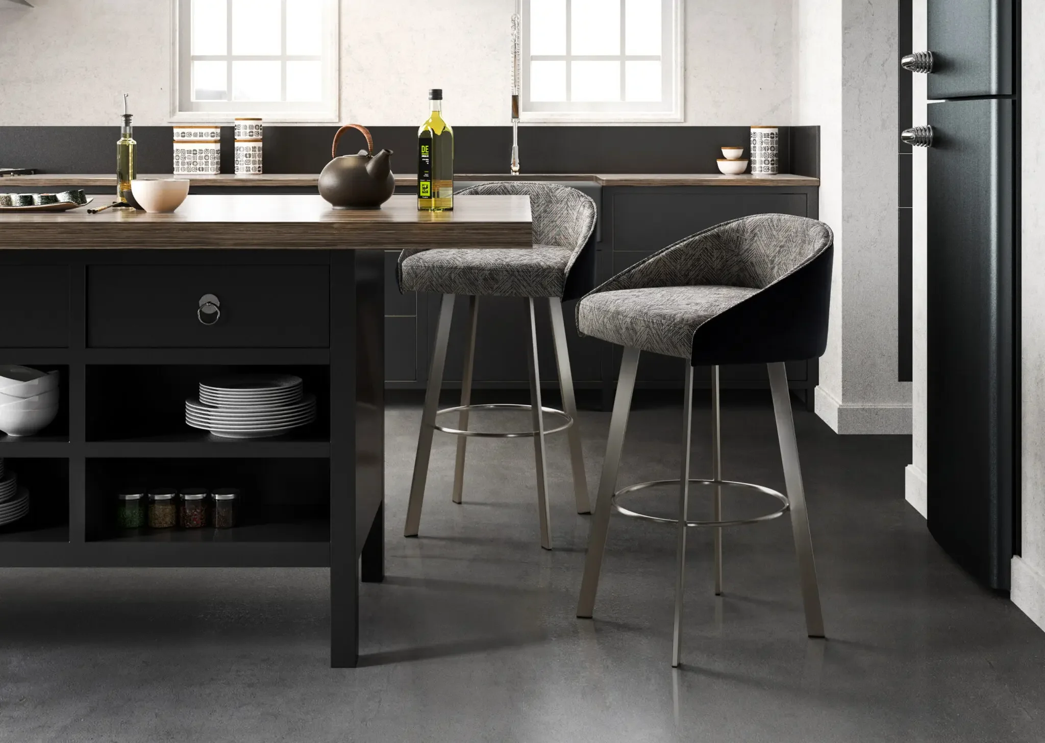 Two Trica Liv Counter Stools in grey upholstery placed at a modern kitchen bar