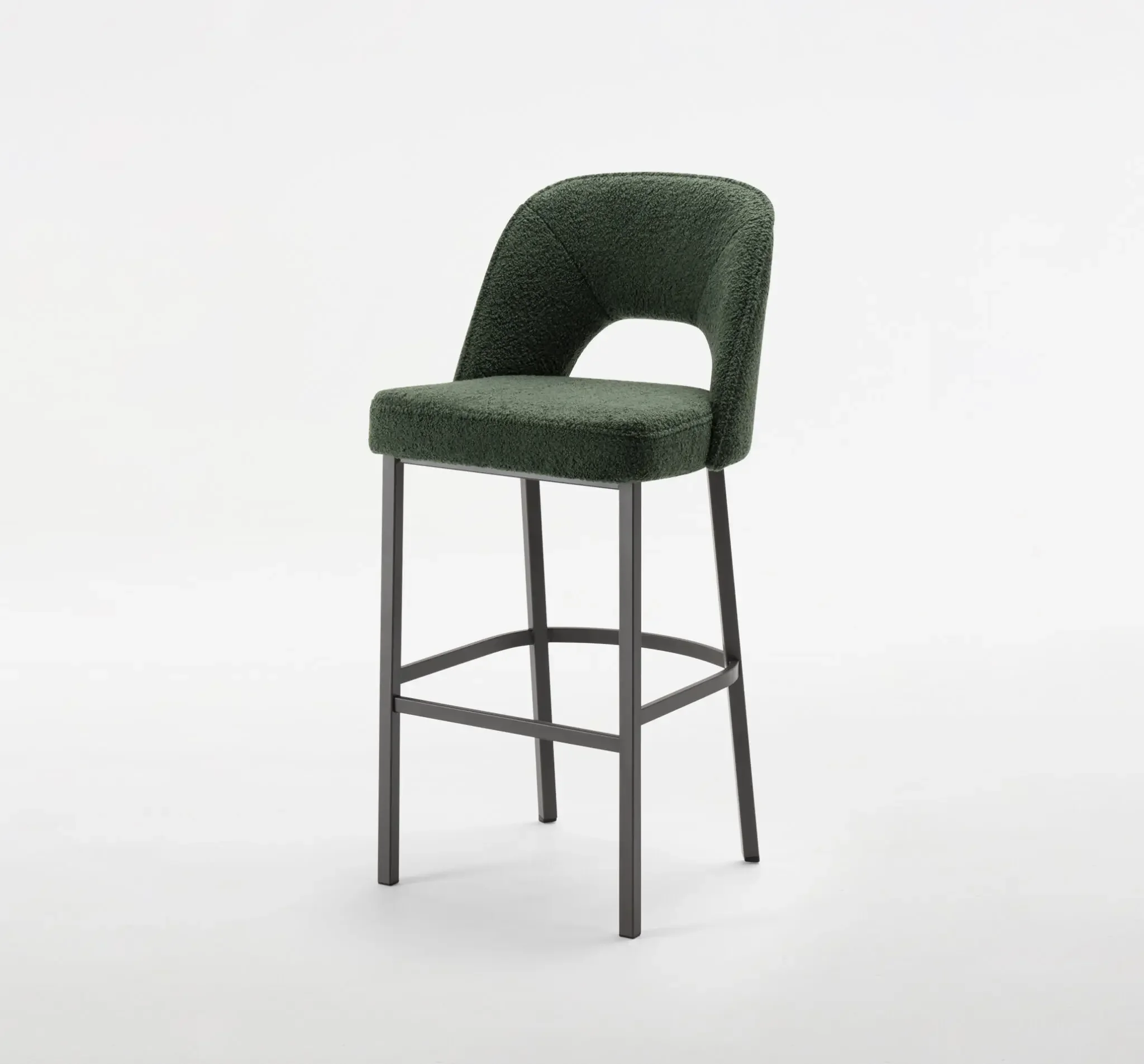 Side angled view of the Mia Barstool highlighting its curved backrest and supportive seat.