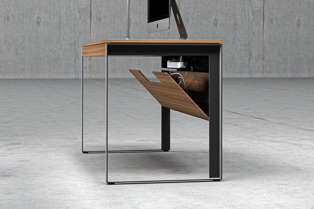 Side lifestyle view of Linea Desk showing underside cable tray and minimalist lines