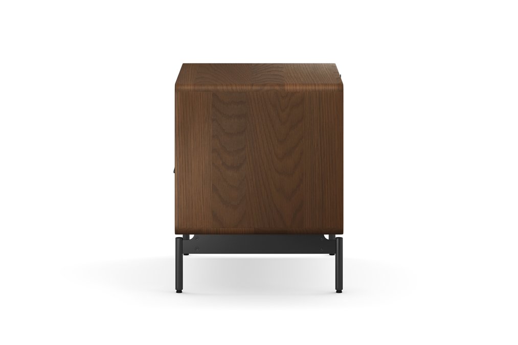 Side profile of LINQ 28" Nightstand showing black base and curved wood grain