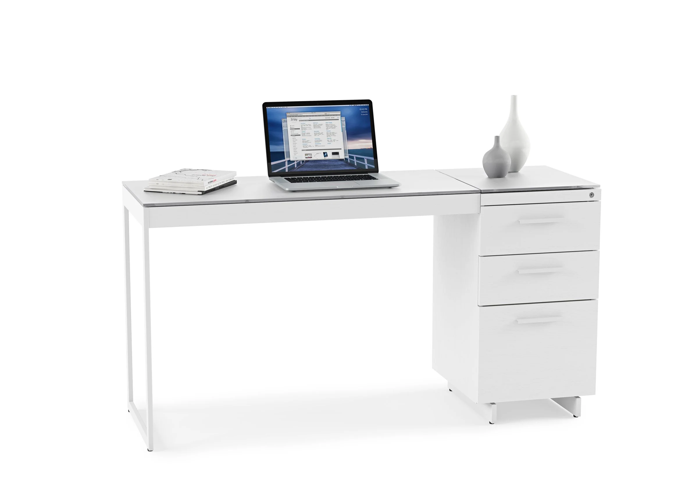 Compact white 3-drawer cabinet used as a desk pedestal with laptop and accessories on top surface