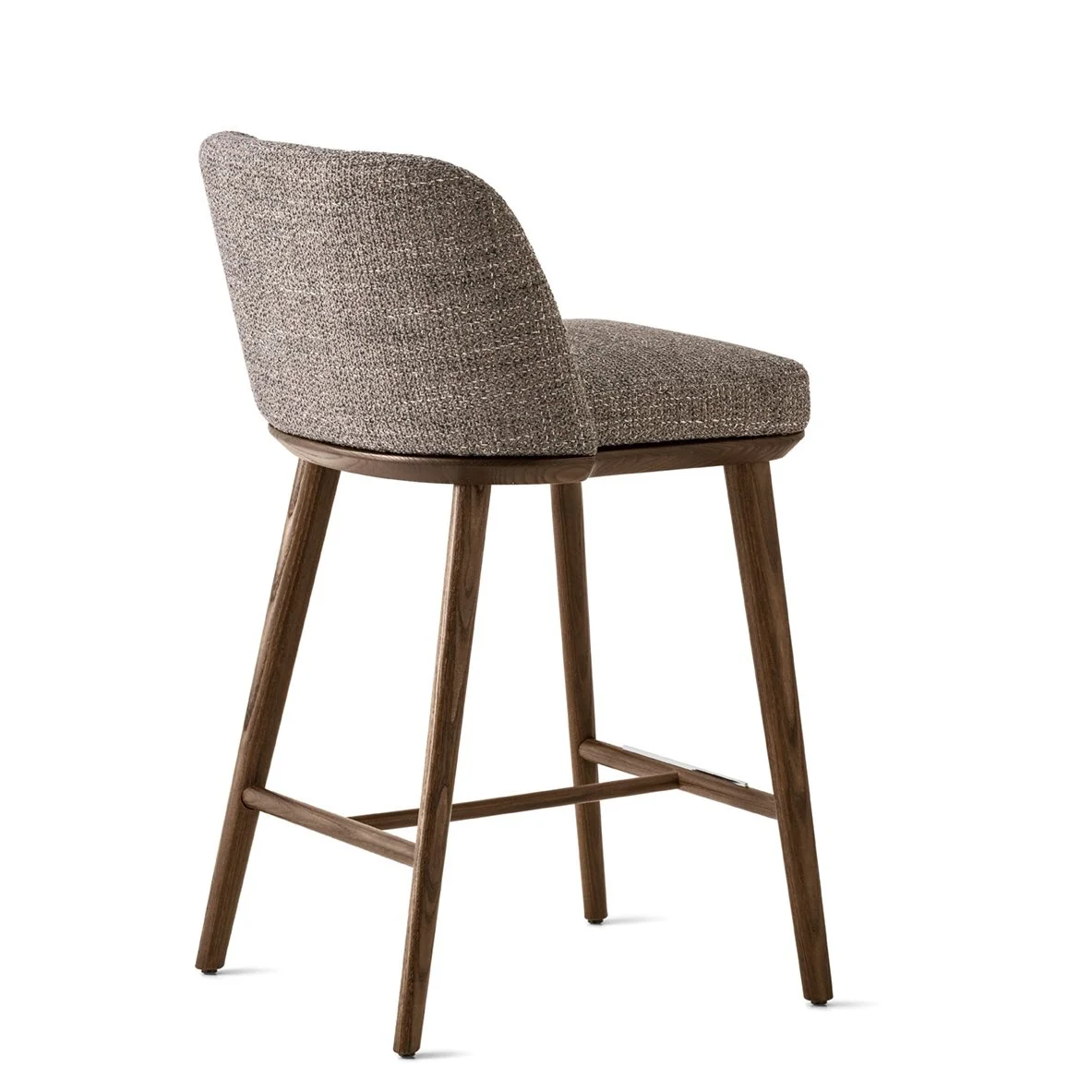 Angled back view of Calligaris Foyer Stool in taupe upholstery with walnut legs