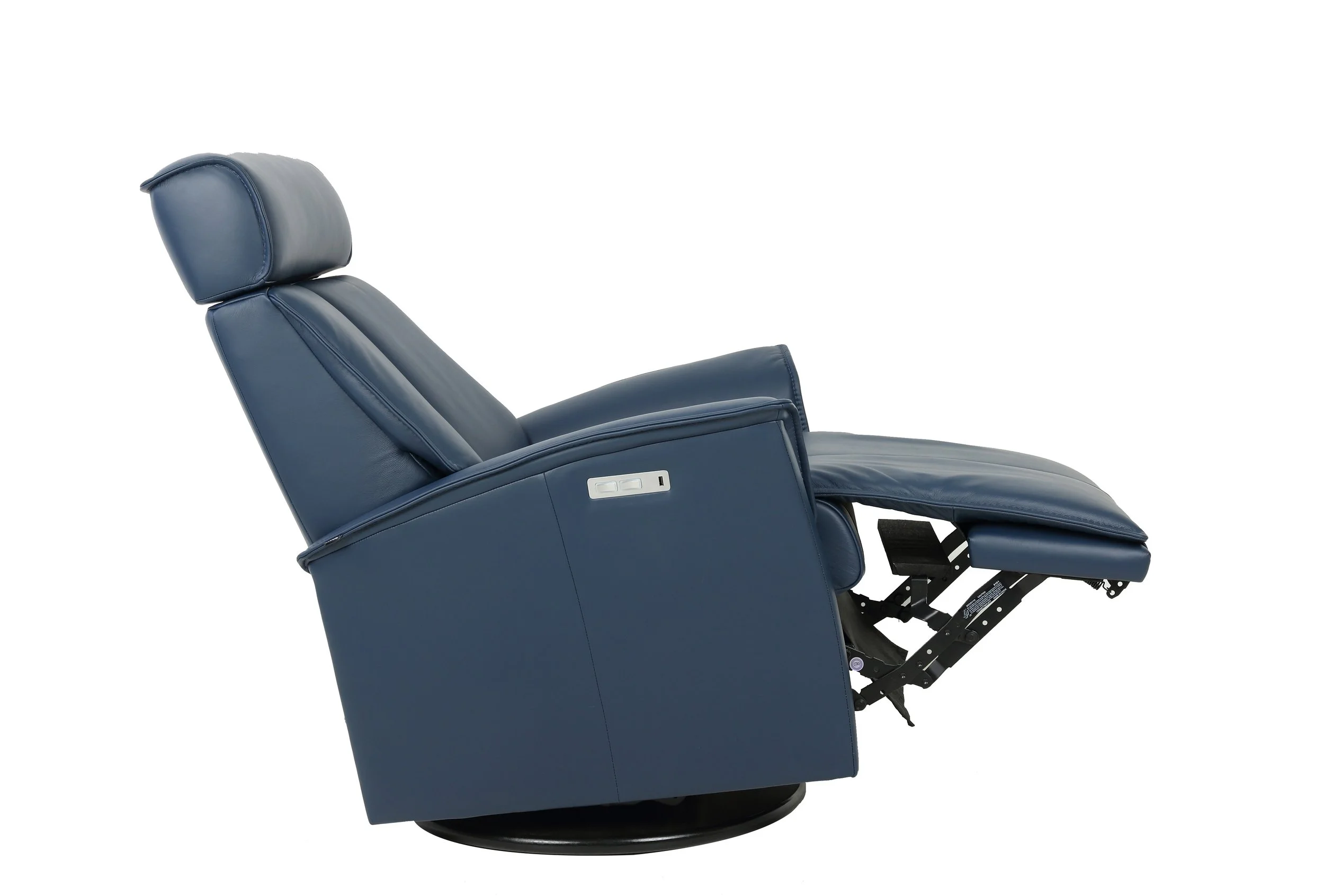 Fjords Venice Recliner in blue leather, partially reclined