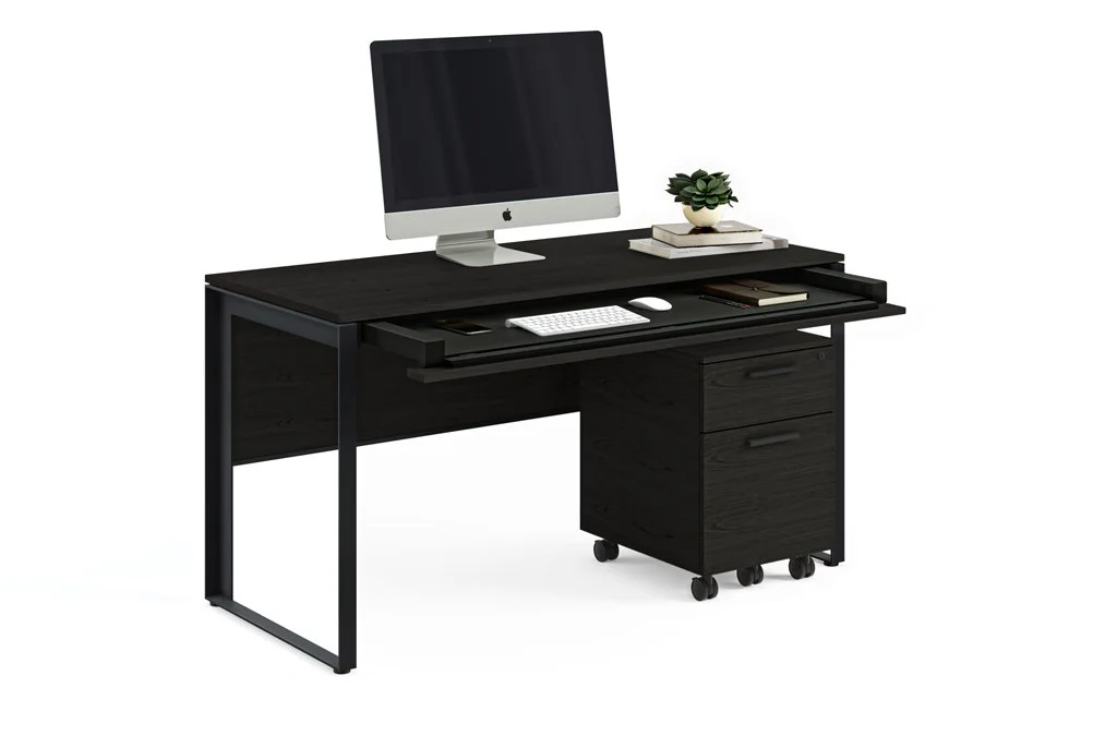 Linea file pedestal in black finish with lower drawer open revealing file storage