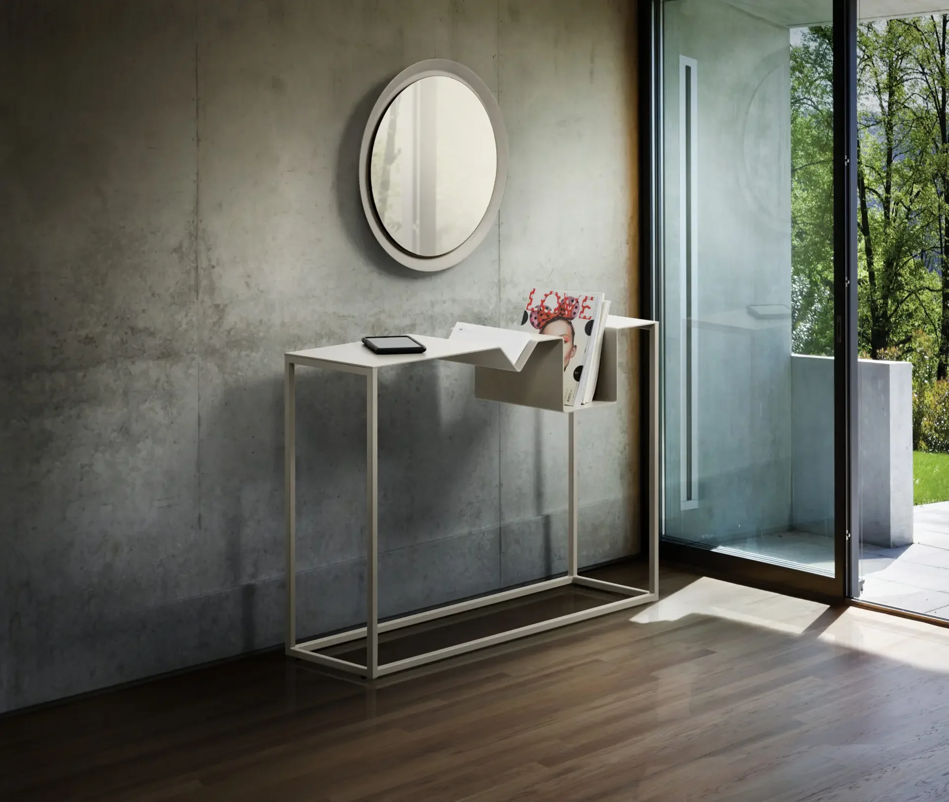 Zigzag Console Table in modern entryway with round mirror