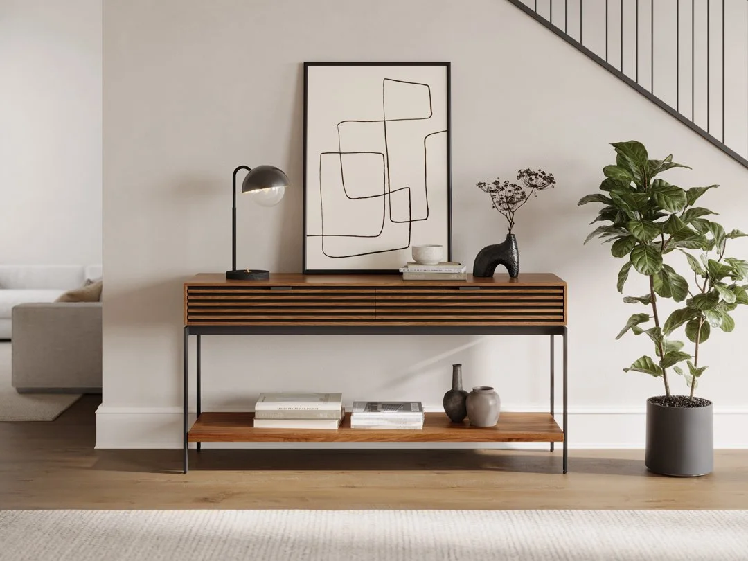 Cora Console Table styled in entryway with lamp, art, and decorative accents