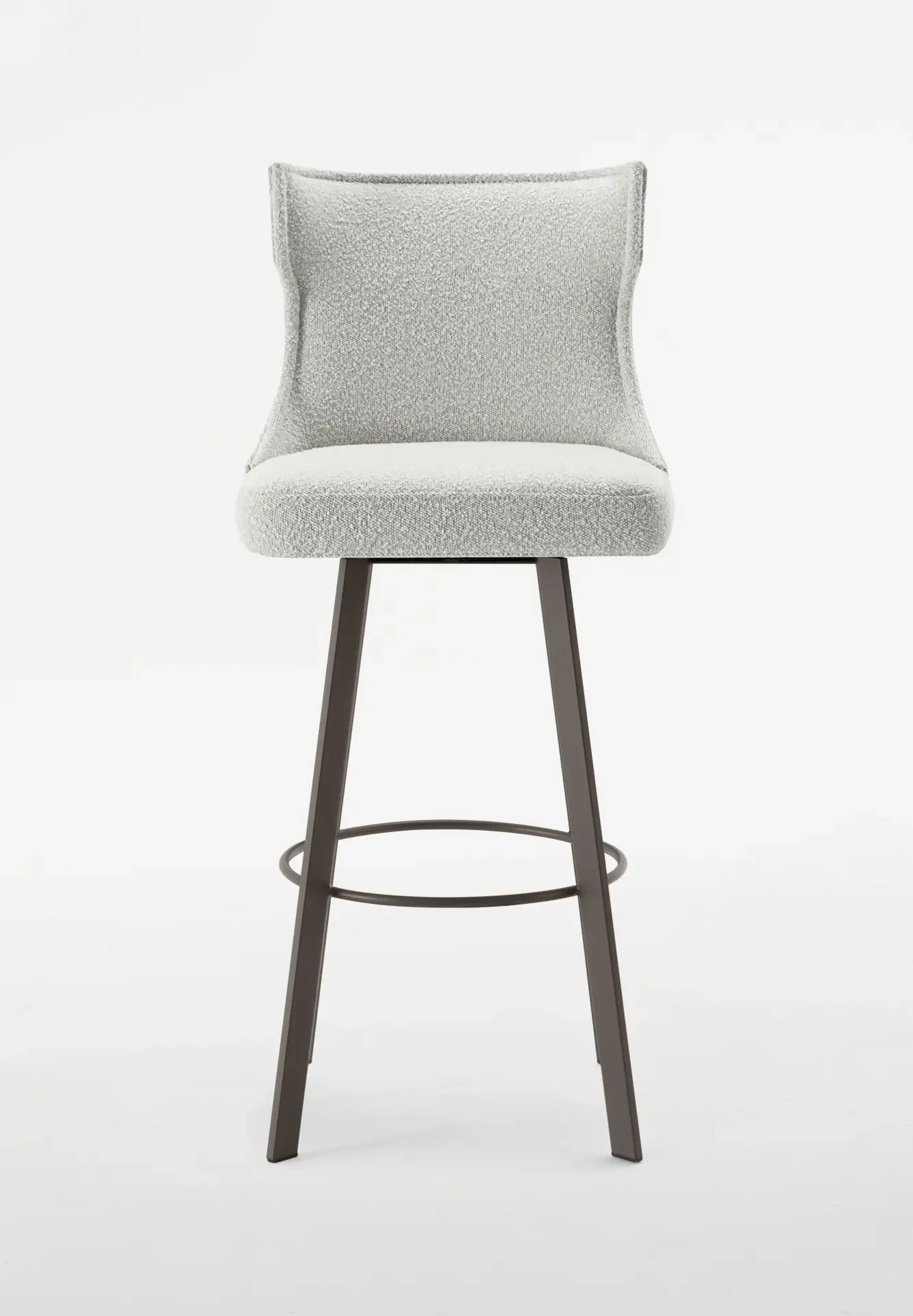 Front view of Trica Luna Swivel Stool with light grey upholstered seat and dark metal legs