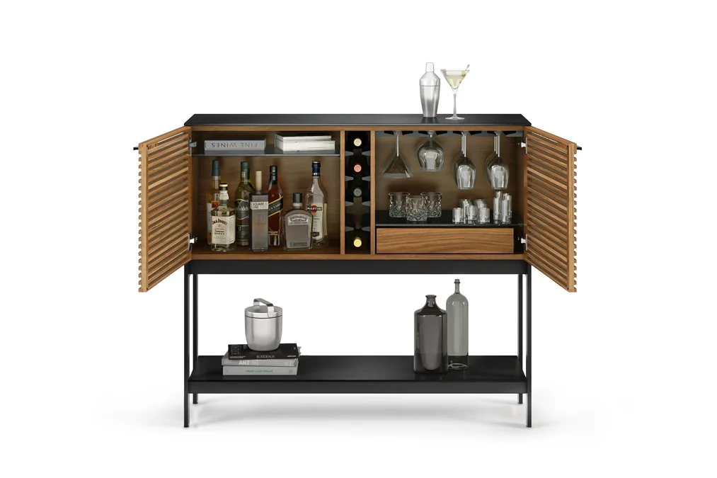 Open Corridor SV Bar showing interior wine glass rack, storage shelves, and mirrored back panel