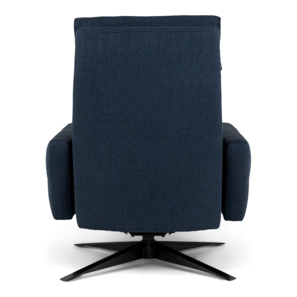 Three-quarter side view of the Ranier Comfort Air Recliner highlighting the sleek armrests and swivel base.