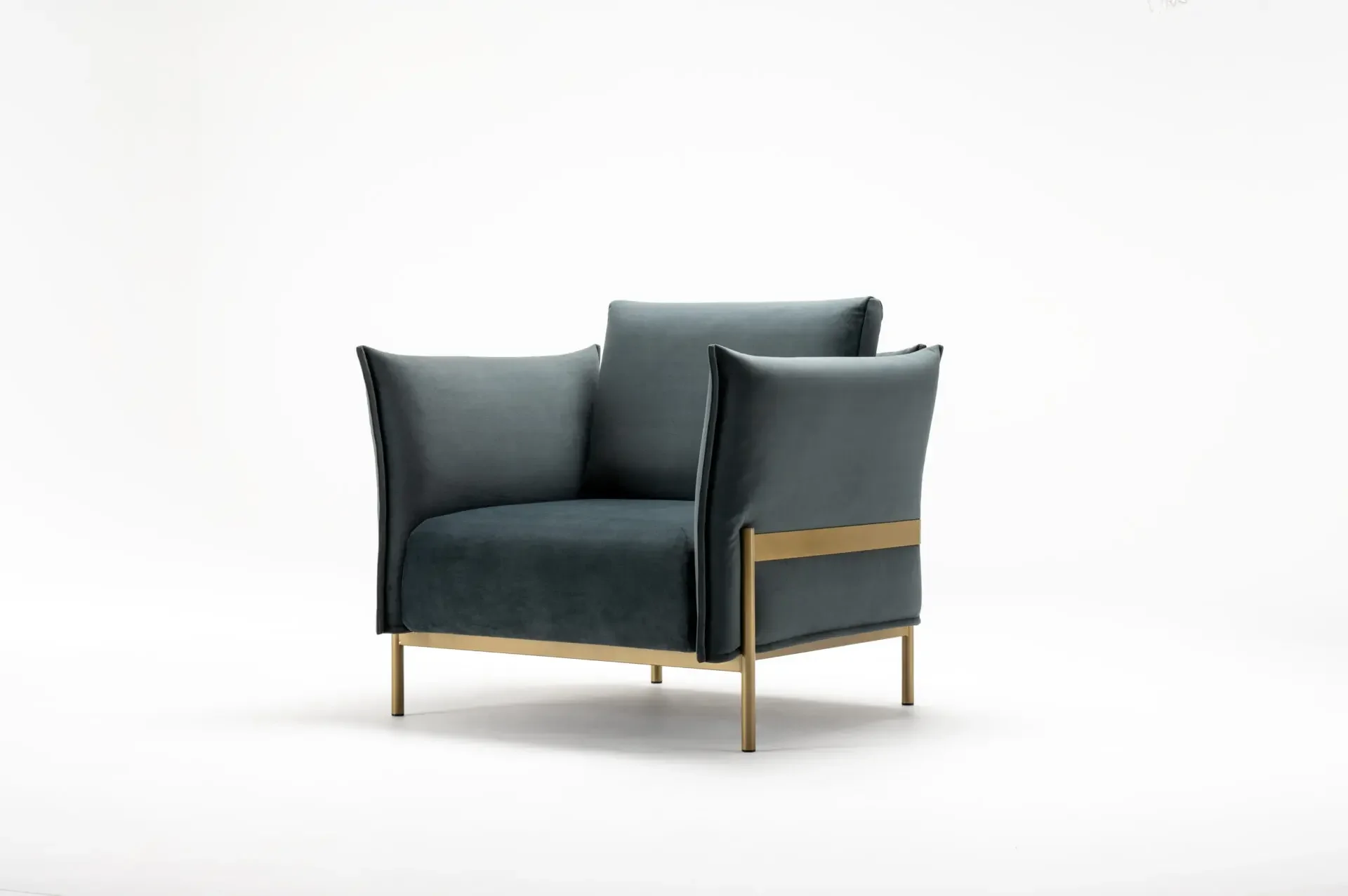 Front angled view of Trica Le Beaumont Chair showing plush seat and brass frame