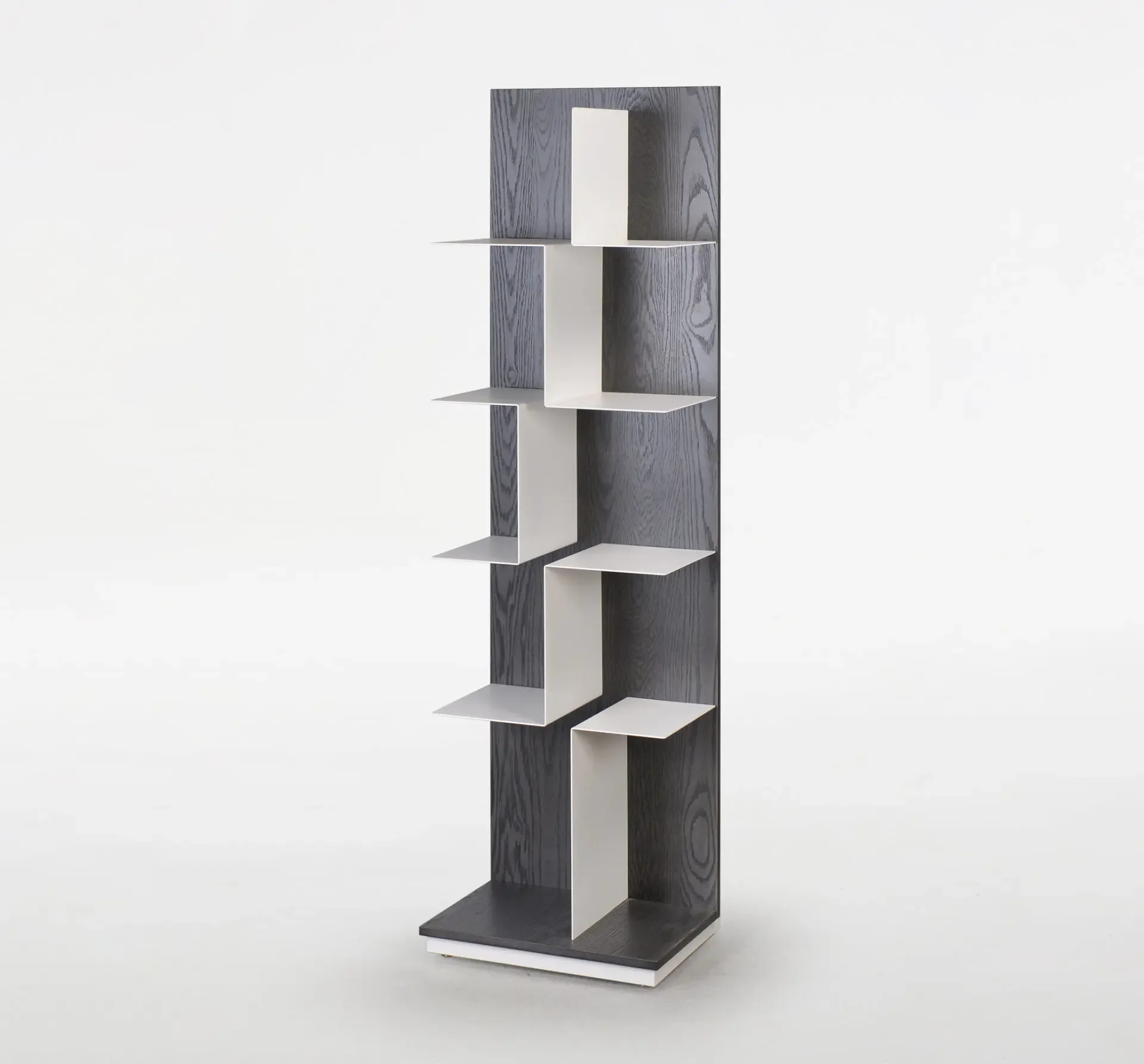 Trica Maze Shelving Unit in dark wood finish with geometric asymmetric shelves on white background