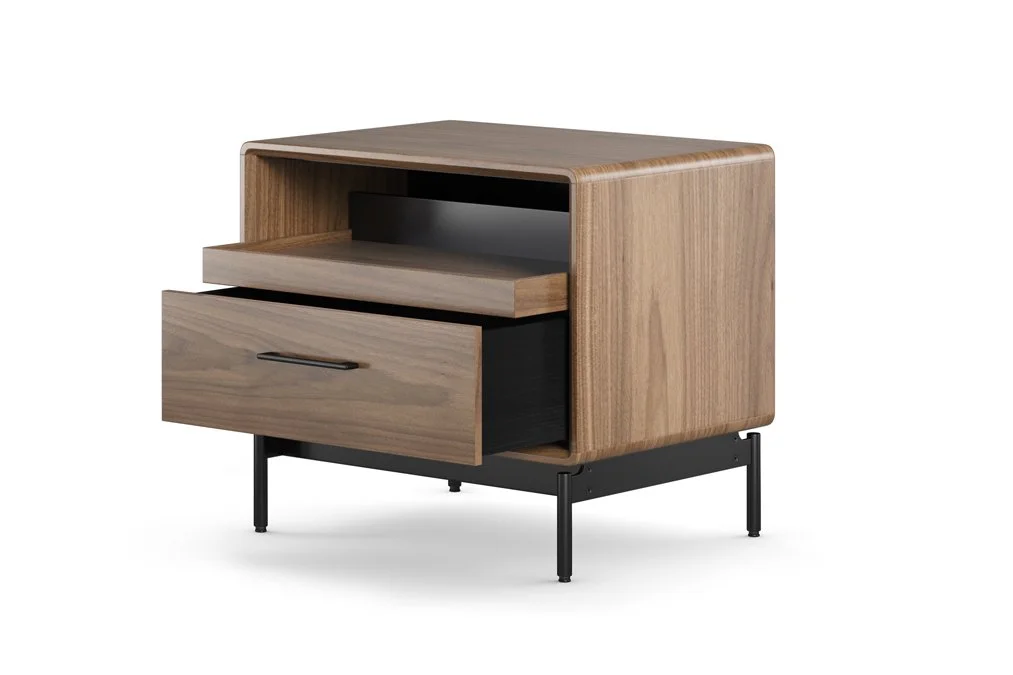 LINQ nightstand with drawer partially open, showing functional storage design and modern lines
