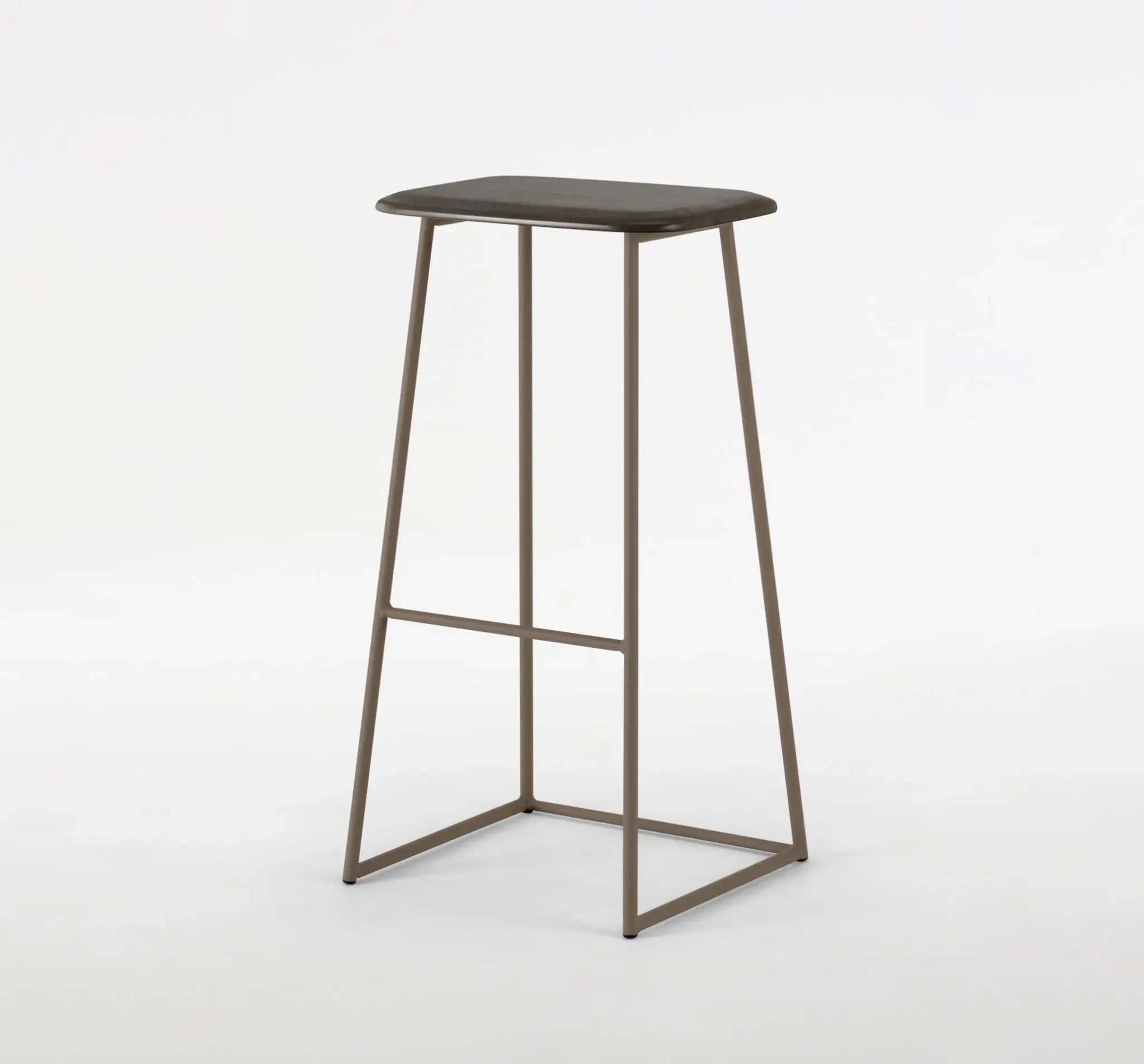 Full view of Palmo Stool with metal base and wooden seat