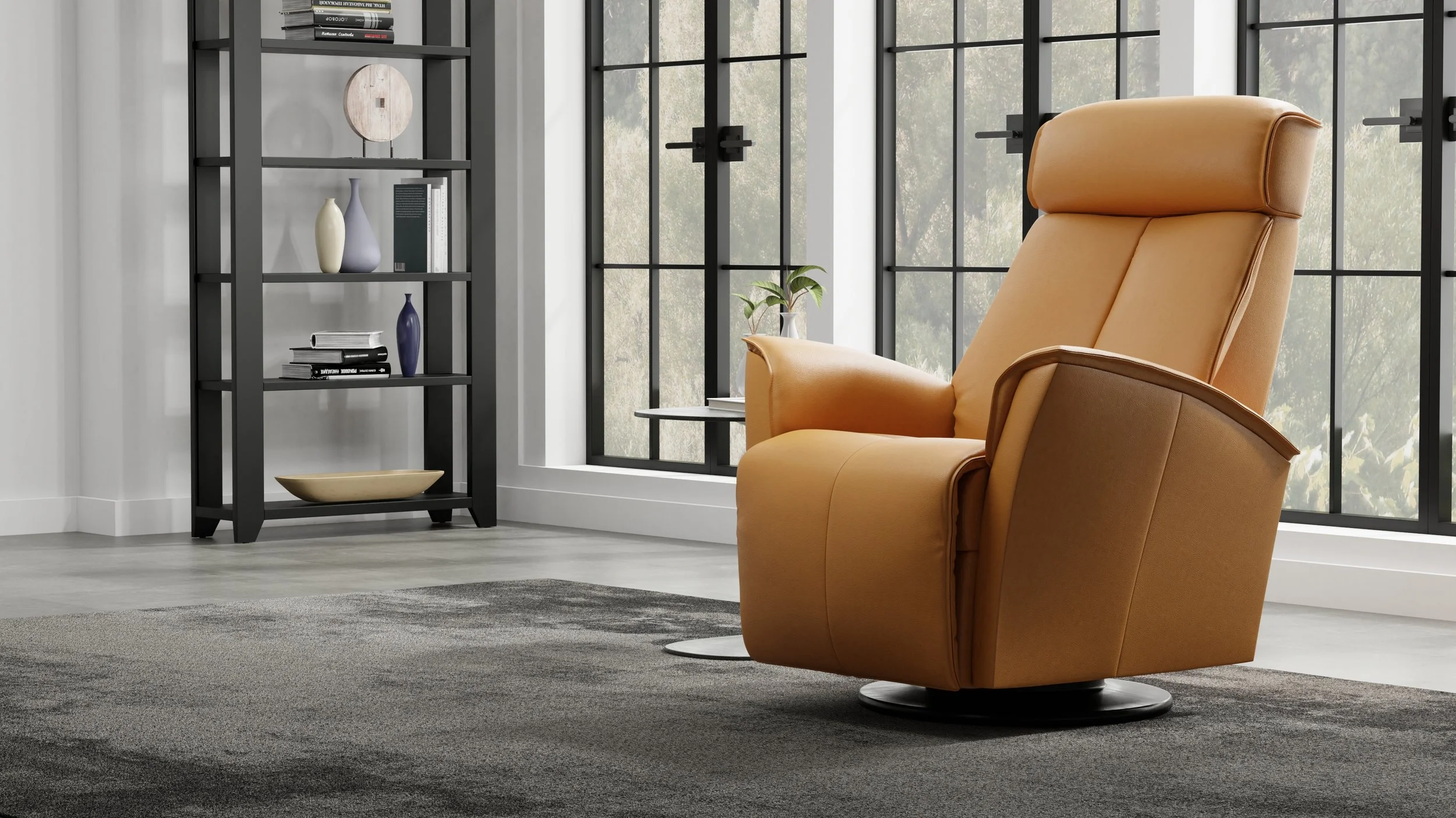 Fjords Venice Recliner in mustard leather in a modern living room