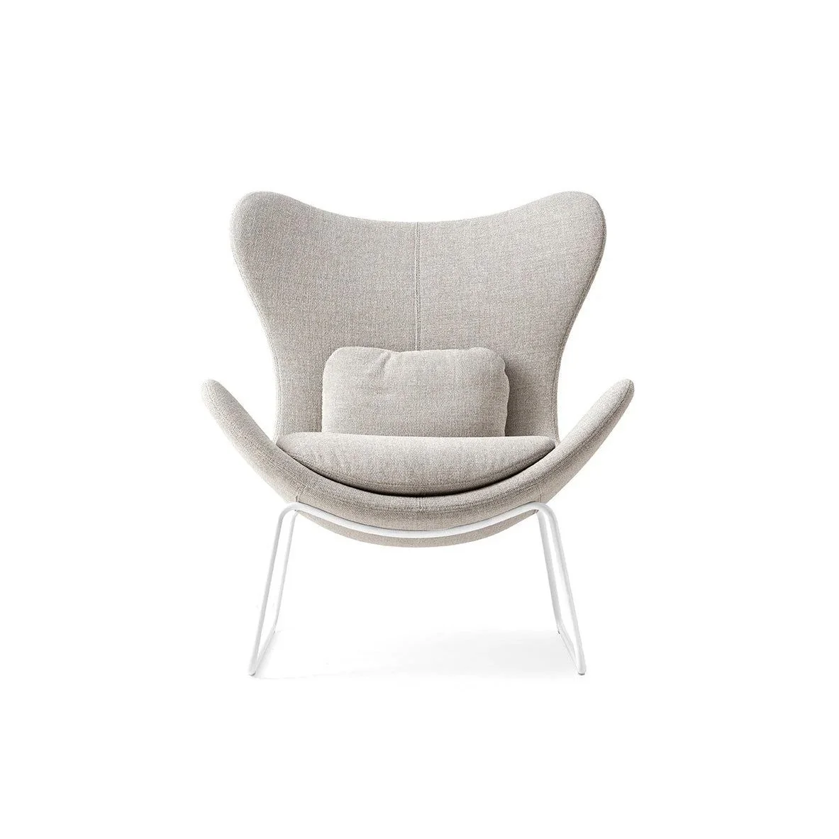 Front view of Lazy Chair in beige upholstery with matching cushion and white base