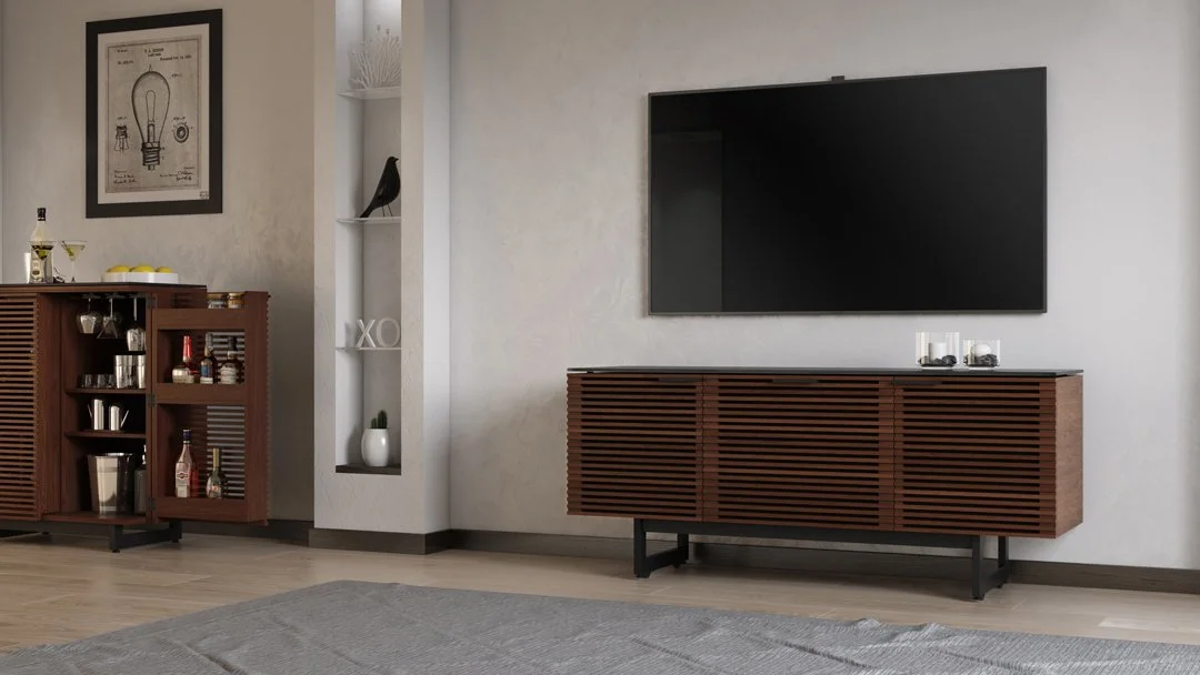 Corridor Triple-Door Media Console in a modern living room setup with wall-mounted TV