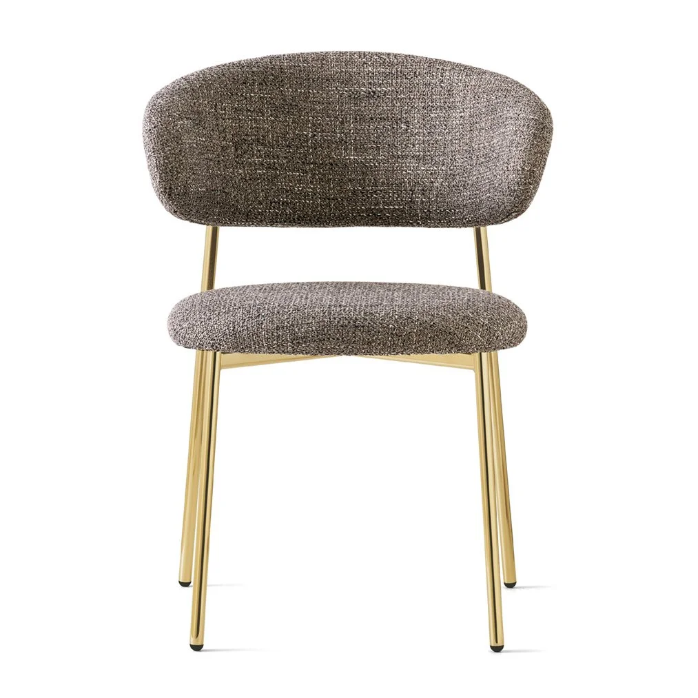 Front view of Calligaris Oleandro Dining Chair in textured brown upholstery with gold metal legs