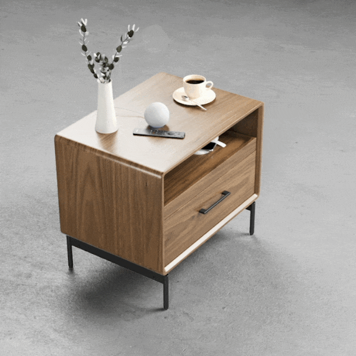 LINQ 28" Nightstand in walnut finish with sliding top open, styled with decor on concrete floor