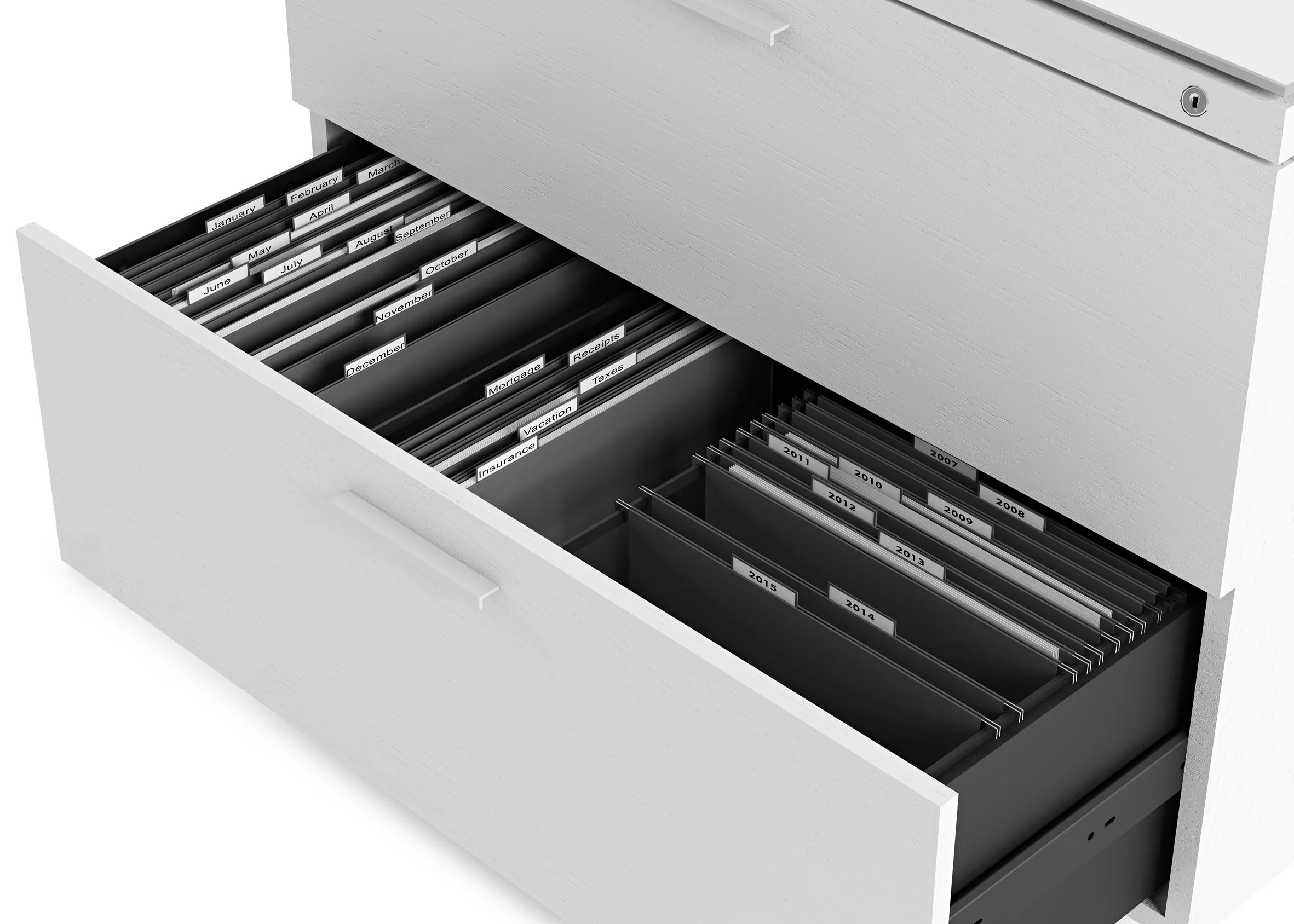 Close-up of open Centro Lateral File Cabinet drawer filled with organized hanging file folders