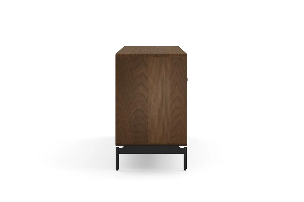 Side profile of LINQ 6-Drawer Dresser showing depth, wood grain, and metal leg detailing