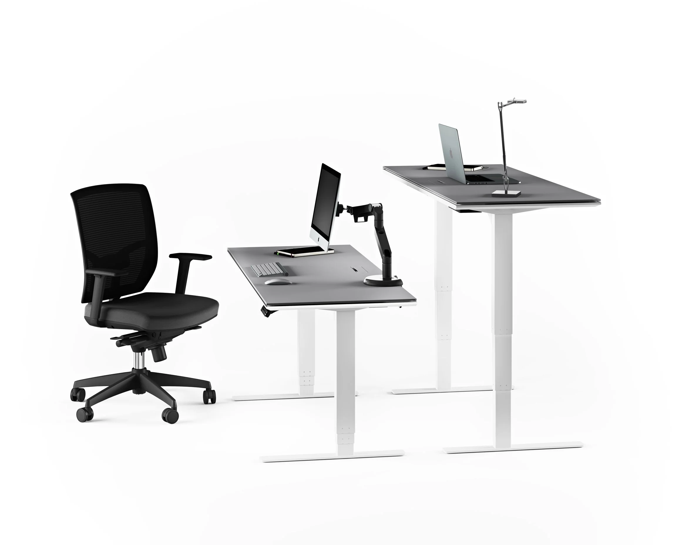 Centro Sit + Stand Desk with task chair and dual monitor arms in ergonomic workstation setup