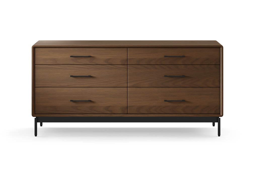 Rear angled view of LINQ dresser showcasing curved corners and wood craftsmanship