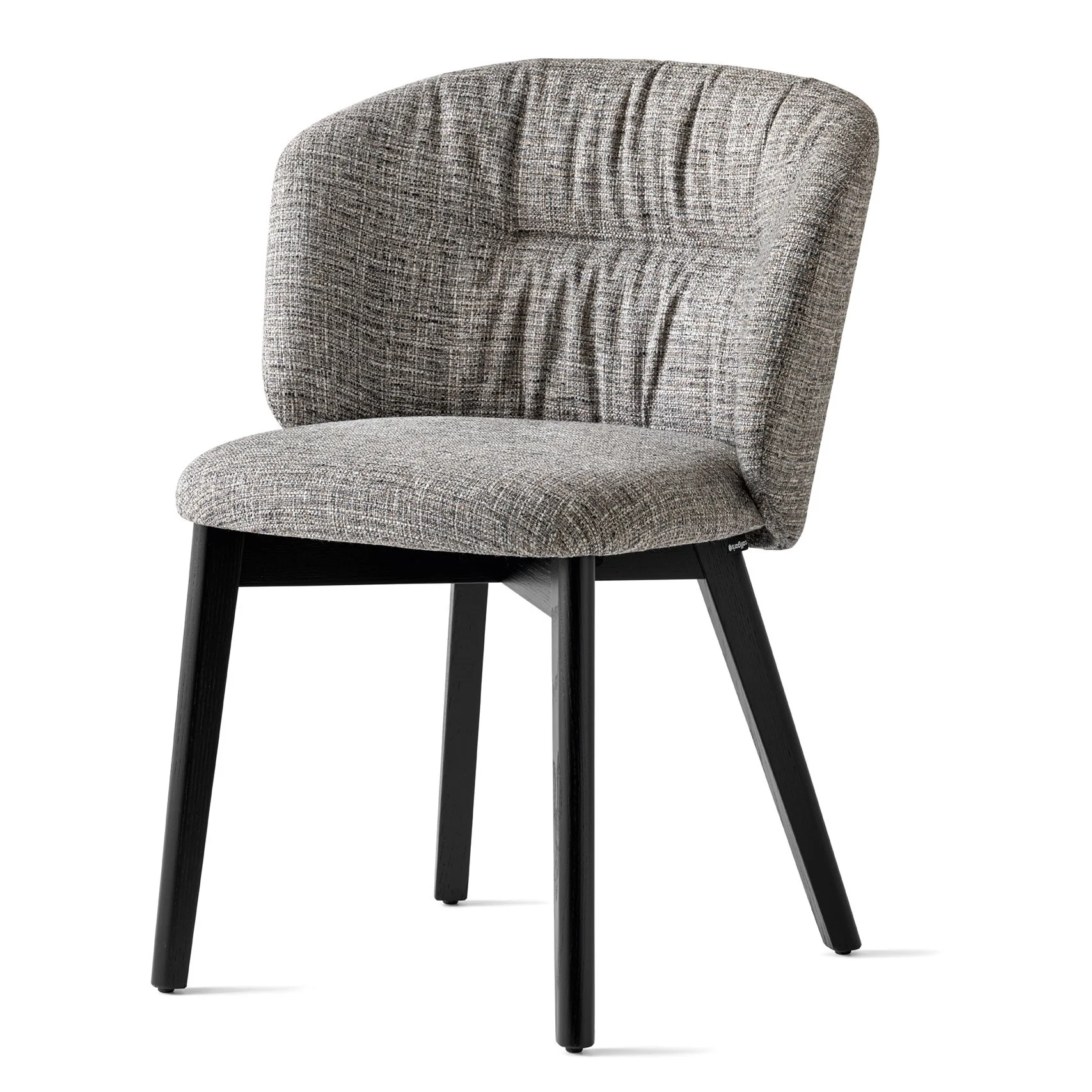 Angled front view of Sweel Dining Chair with grey upholstery and black legs