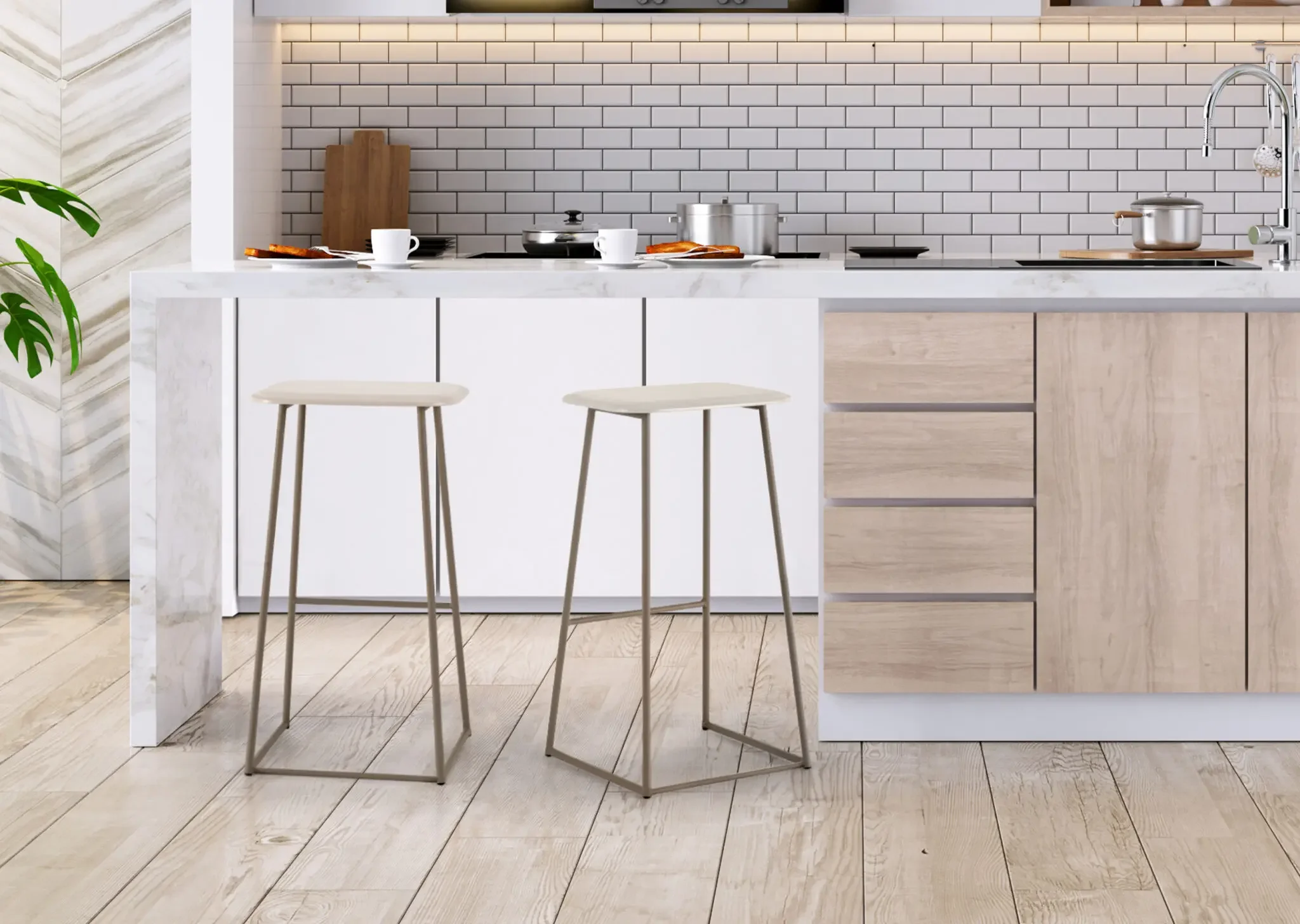 Pair of Palmo Stools styled at a modern kitchen counter