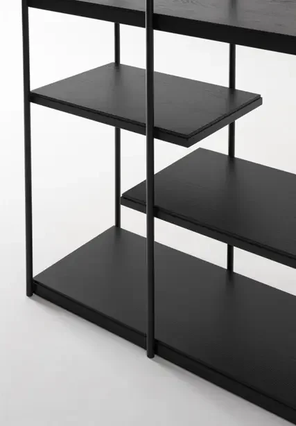Close-up of Trica Archive Shelving Unit black metal frame and staggered shelves