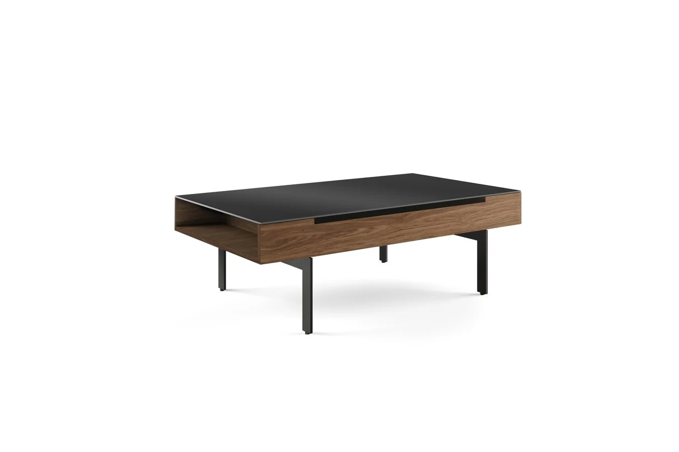 Reveal Lift Coffee Table in walnut with black glass top, closed view