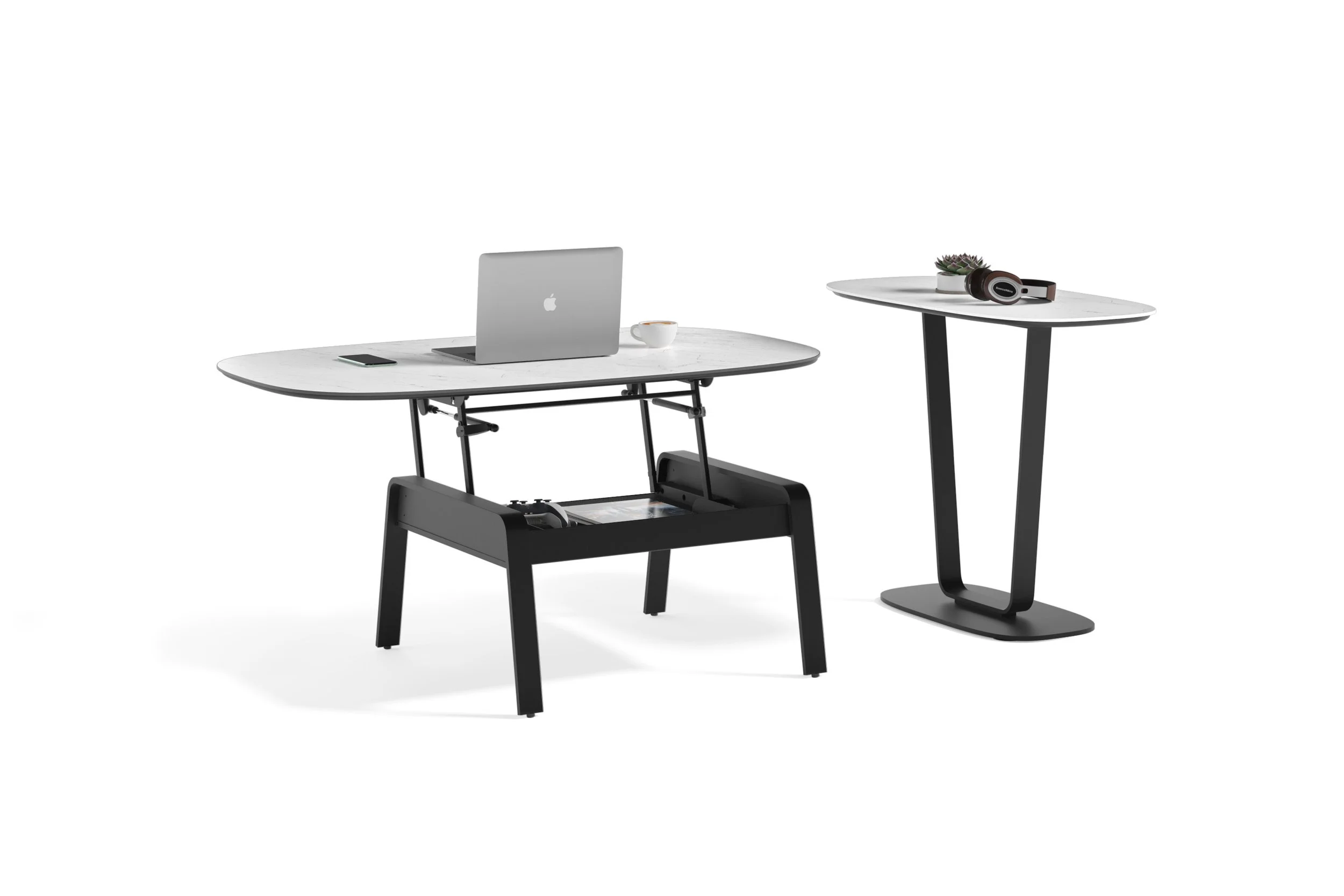 Cloud 9 Lift Coffee Table with raised porcelain top and concealed storage, paired with matching Cloud 9 Console Table