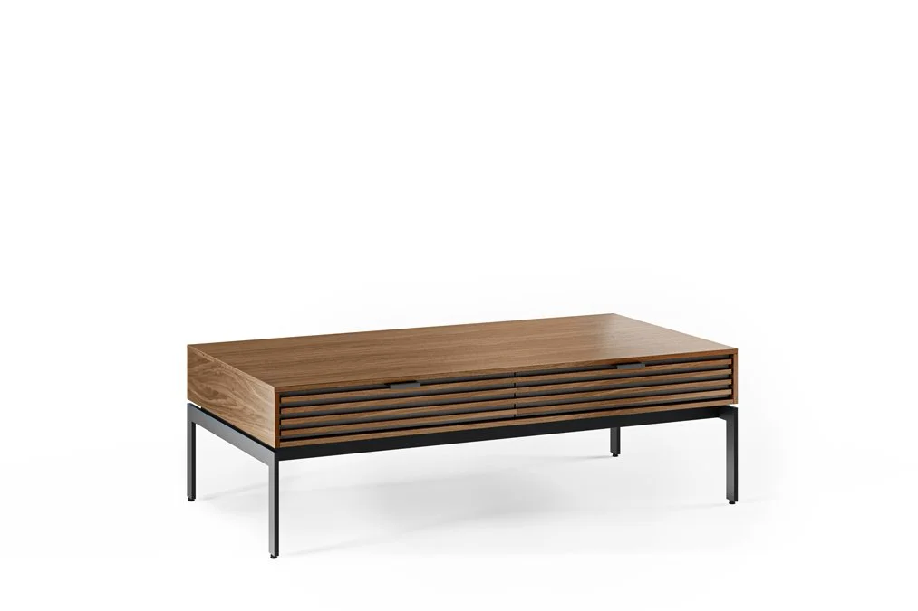 Angled view of the Cora Coffee Table with slatted wood drawer front and black legs