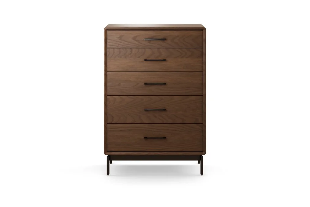 Dark walnut LINQ 5-Drawer Chest with curved edges and modern black hardware