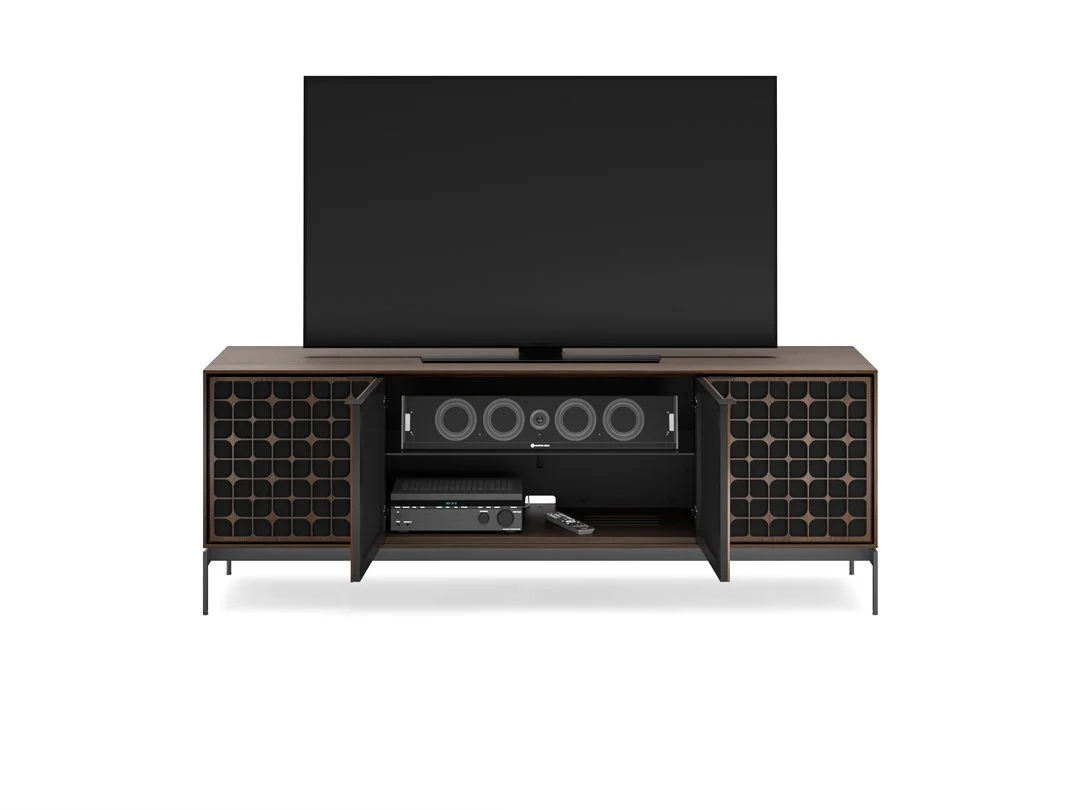 Elements Constellation Cabinet used as a TV console with doors open