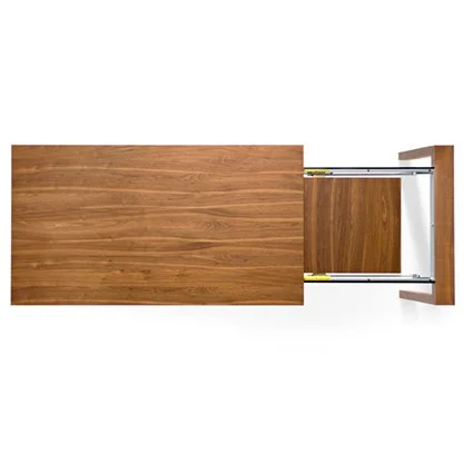 Top-down view of Omnia Table extension mechanism in wood