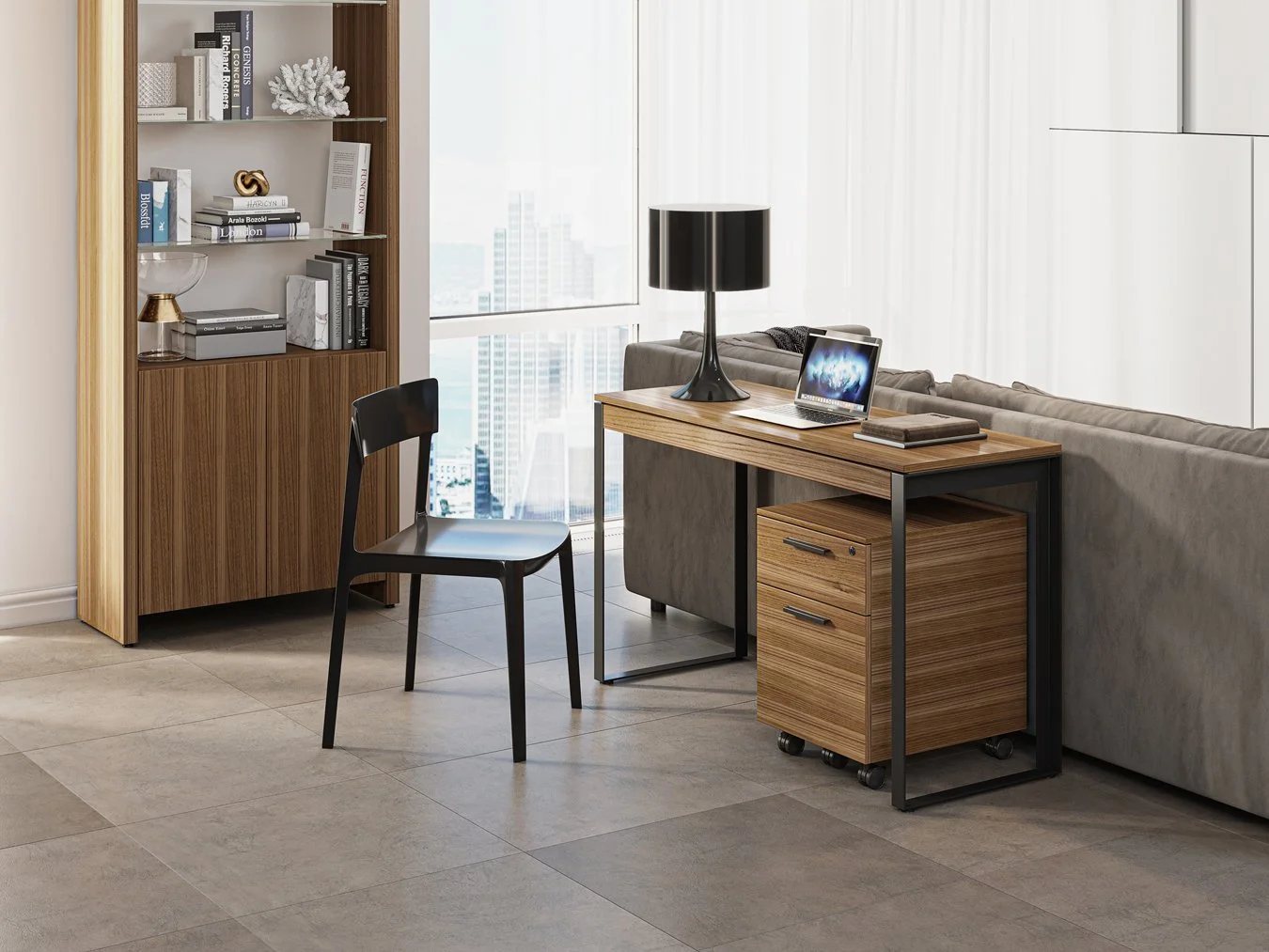 Linea Console Desk in natural walnut shown in home office with bookcase, chair, and natural lighting