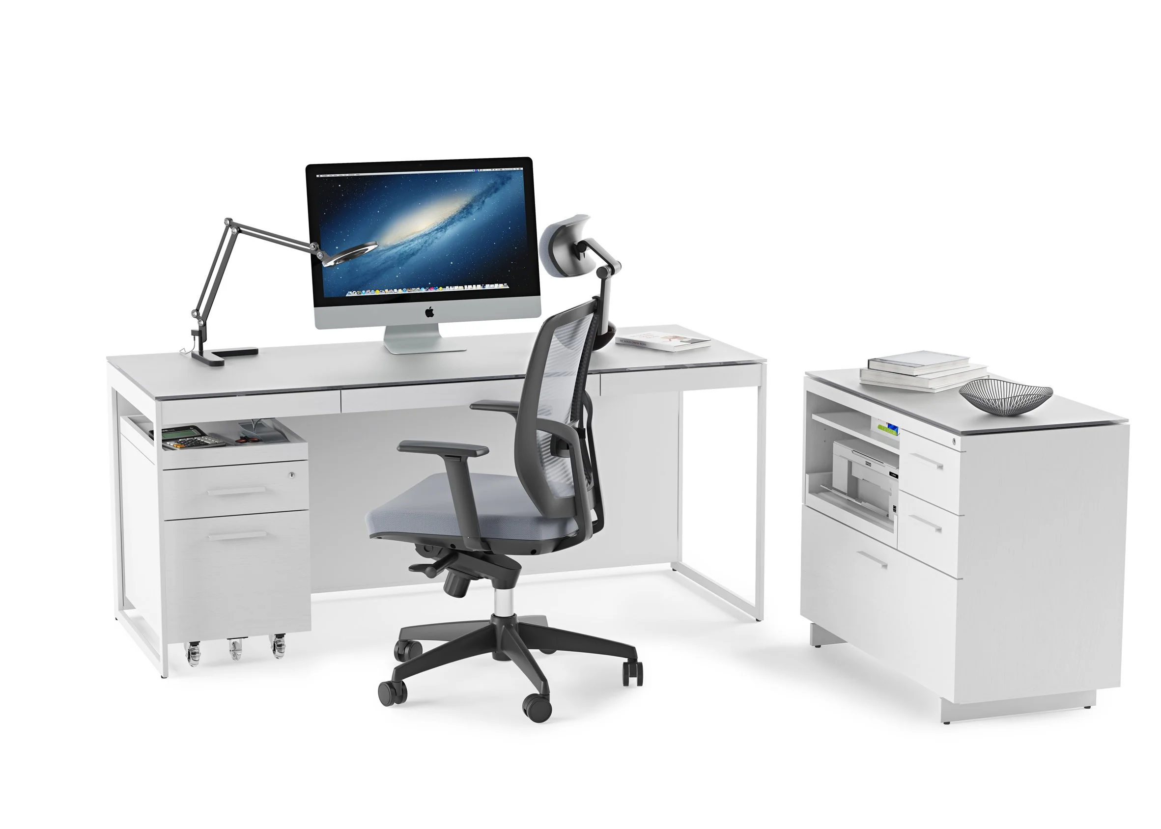 Modern white desk setup with Centro Multifunction Cabinet, task chair, and desktop monitor