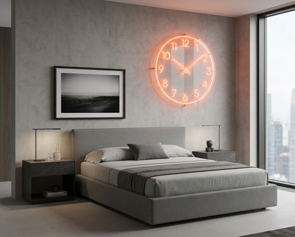 Absolute nightsands put two of  neon orange clock on the wall.png