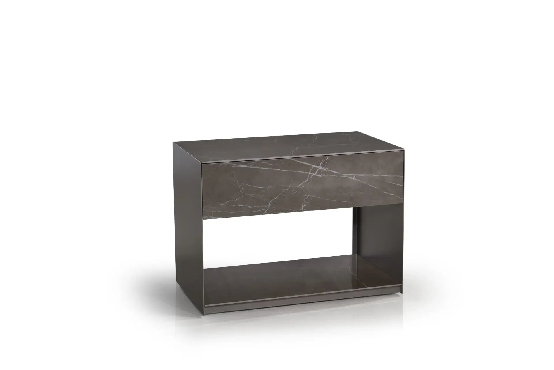 Absolute 1-Drawer Nightstand in brown marble finish with open lower shelf