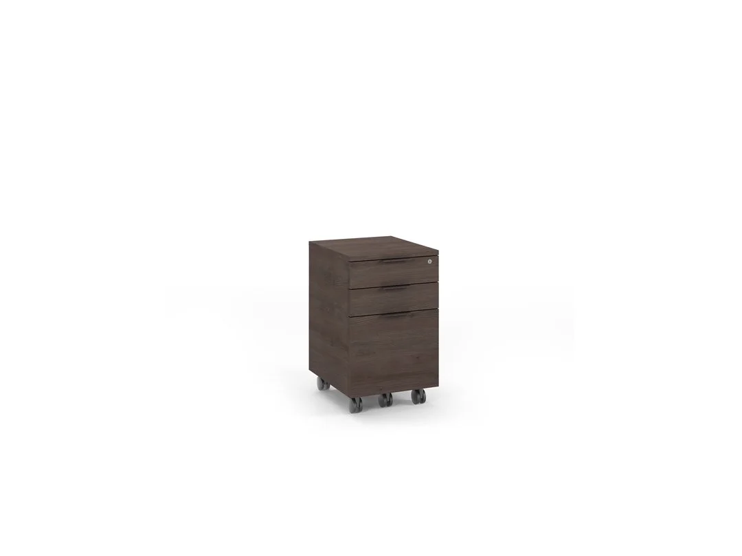 Compact mobile file pedestal in dark wood finish with drawers and casters