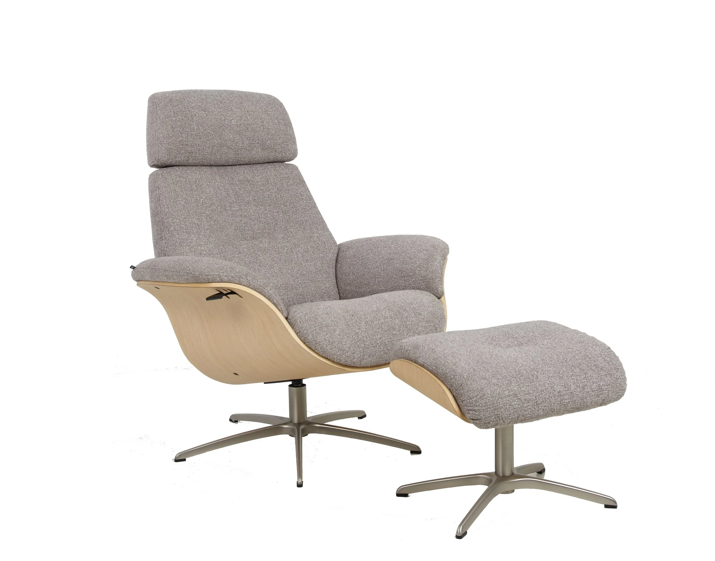 Fjords Falcon Chair & Ottoman in grey fabric with wood shell
