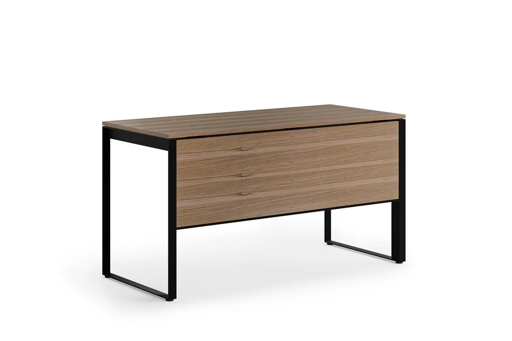 Side view of Linea Desk in wood and black metal with modesty panel