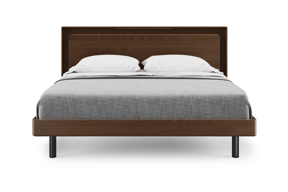 Front-facing Up-LINQ bed with walnut slatted headboard and low-profile black legs