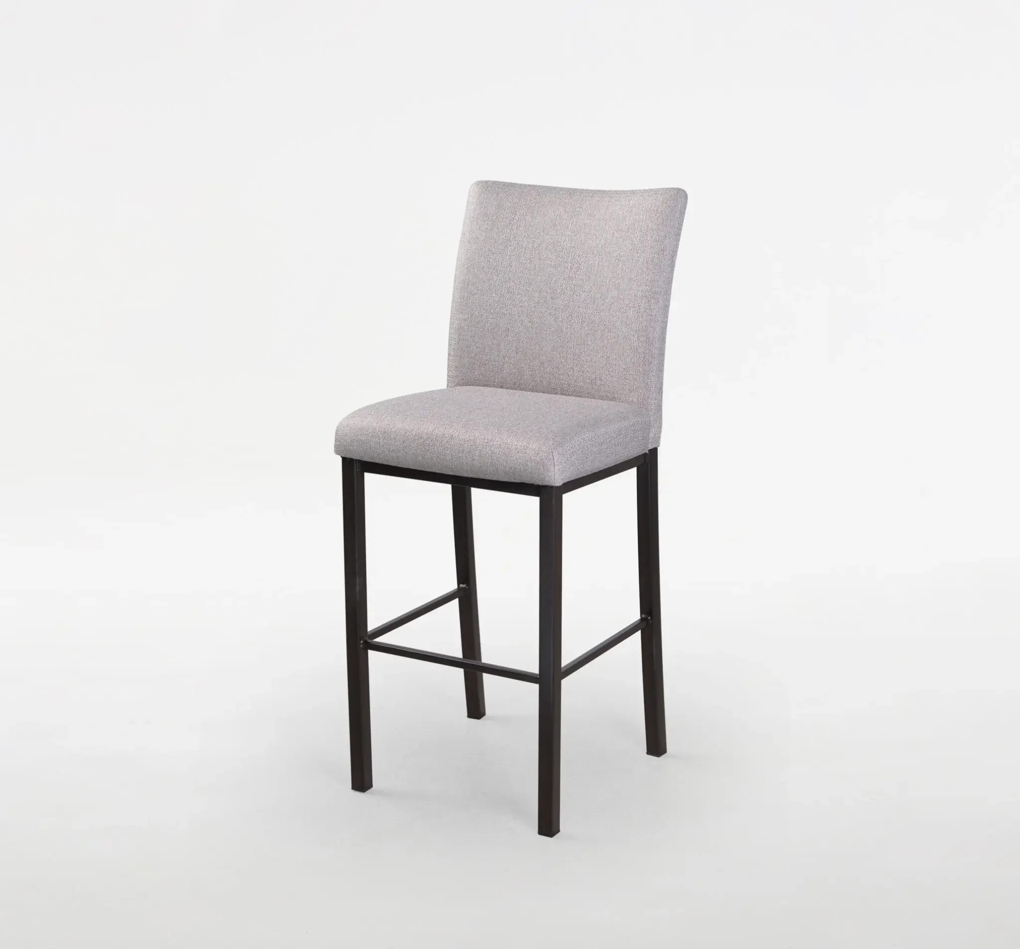 Front view of Trica Biscaro Counter Stool with cushioned grey fabric seat and backres