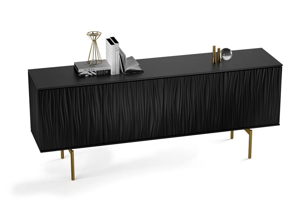 Angled view of the Tanami Credenza showcasing textured cabinet doors and sleek silhouette