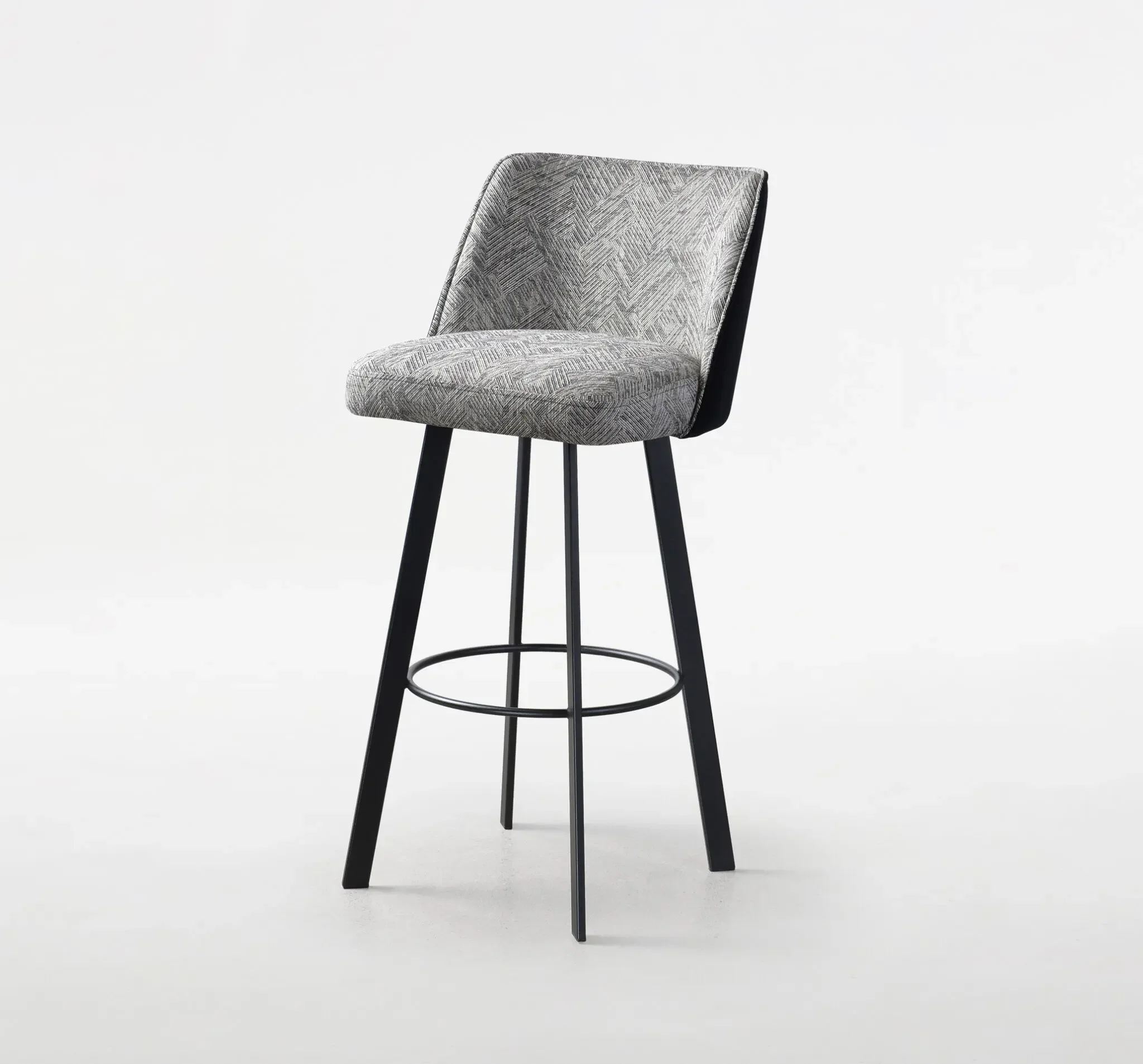 Eva Stool with grey upholstered seat and black metal frame – front angle view