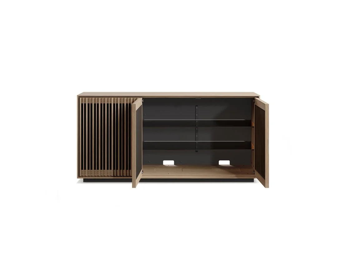 Profile Triple Console with doors open revealing interior adjustable shelving and cable cutouts