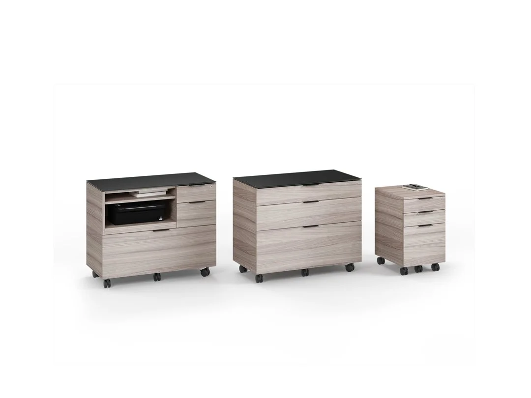 Set of Sigma storage cabinets in light wood finish including drawer and file units