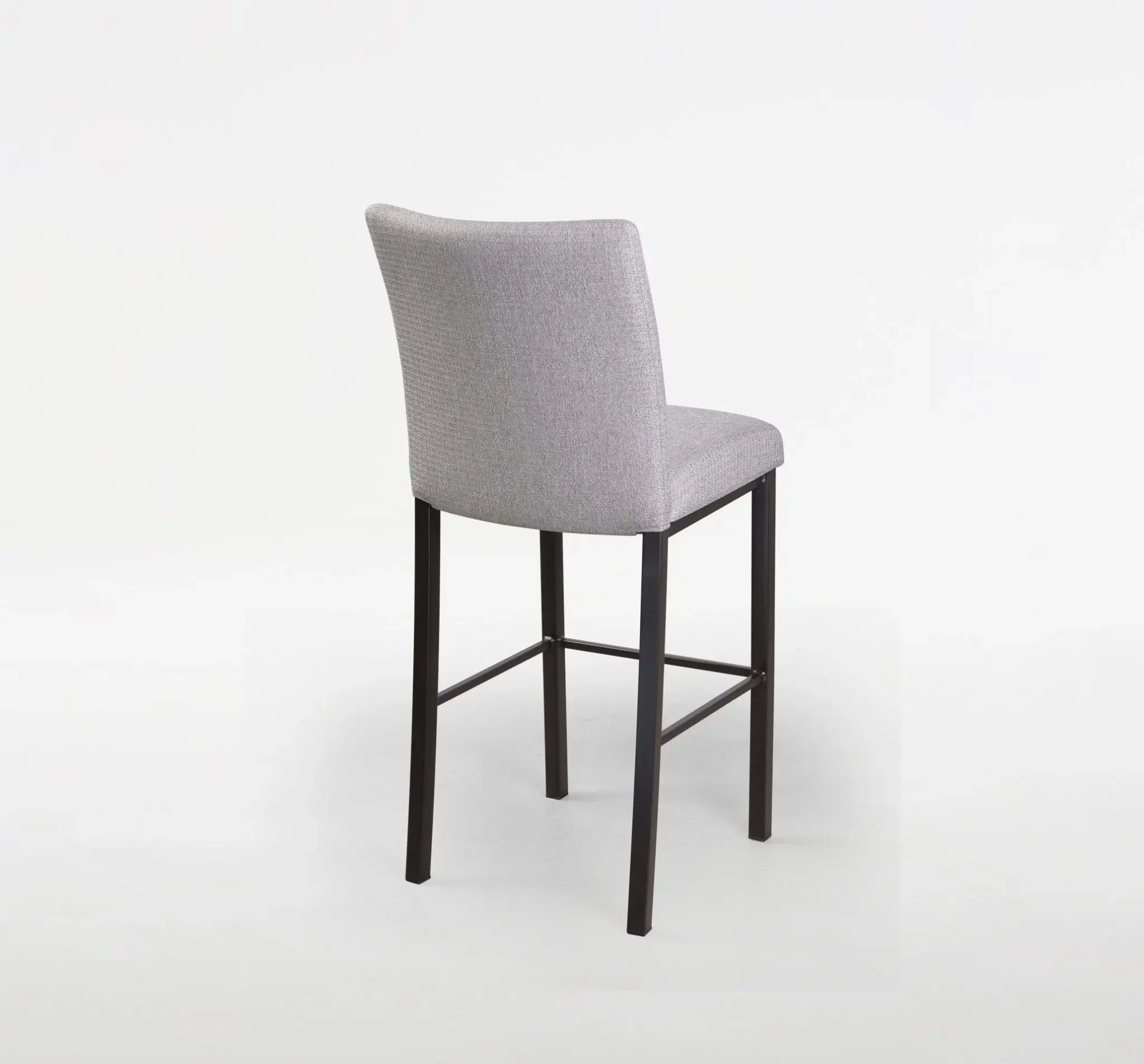 Back view of Trica Biscaro Counter Stool with grey upholstered seat and black metal legs