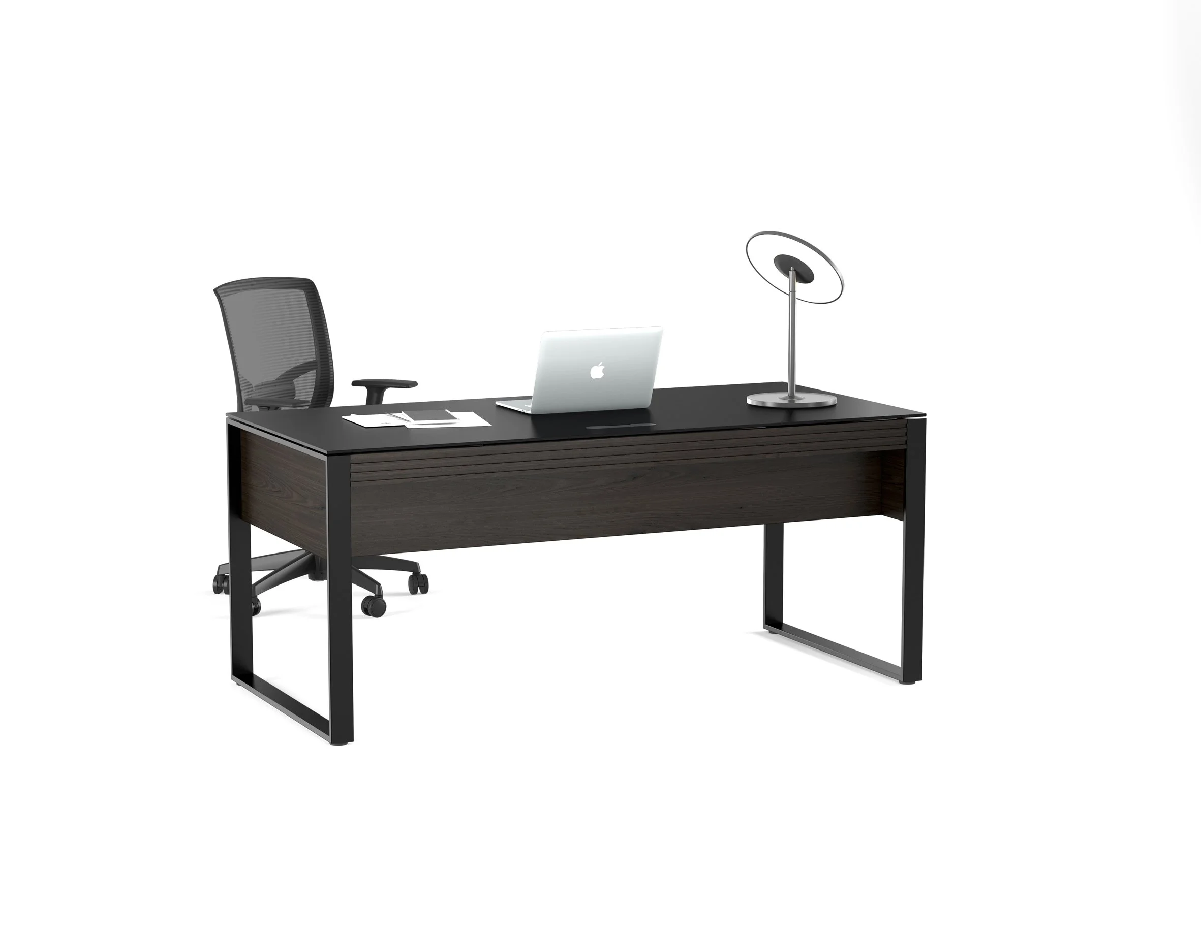 Corridor Executive Desk in charcoal black with laptop, office chair, and task lighting